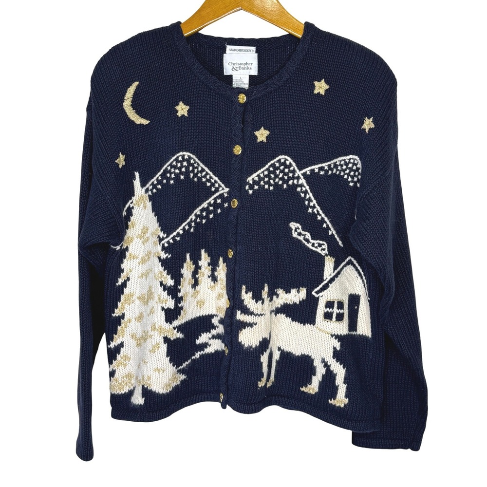 Vintage Christopher & Banks Winter Scene Cardigan Large Blue